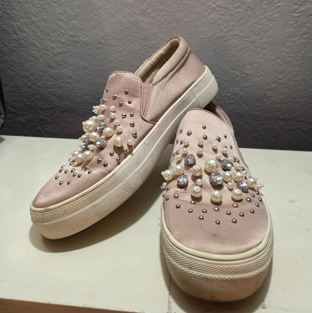 Elegant Pink Embellished Women's Slip-On Sneakers 8.5